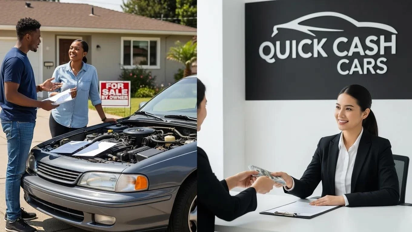 Contrasting scenes of private car sale negotiation and Quick Cash Cars cash transaction