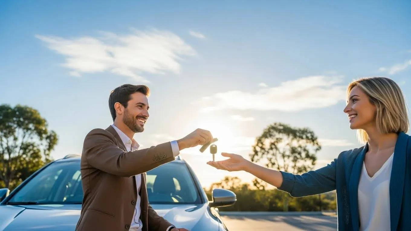Happy car sale transaction with keys exchange in a sunny outdoor setting