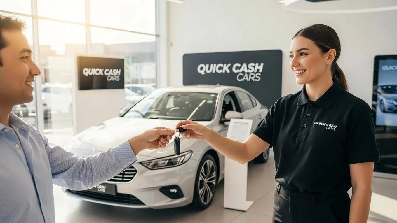Happy car seller handing over keys at Quick Cash Cars, showcasing a smooth selling experience