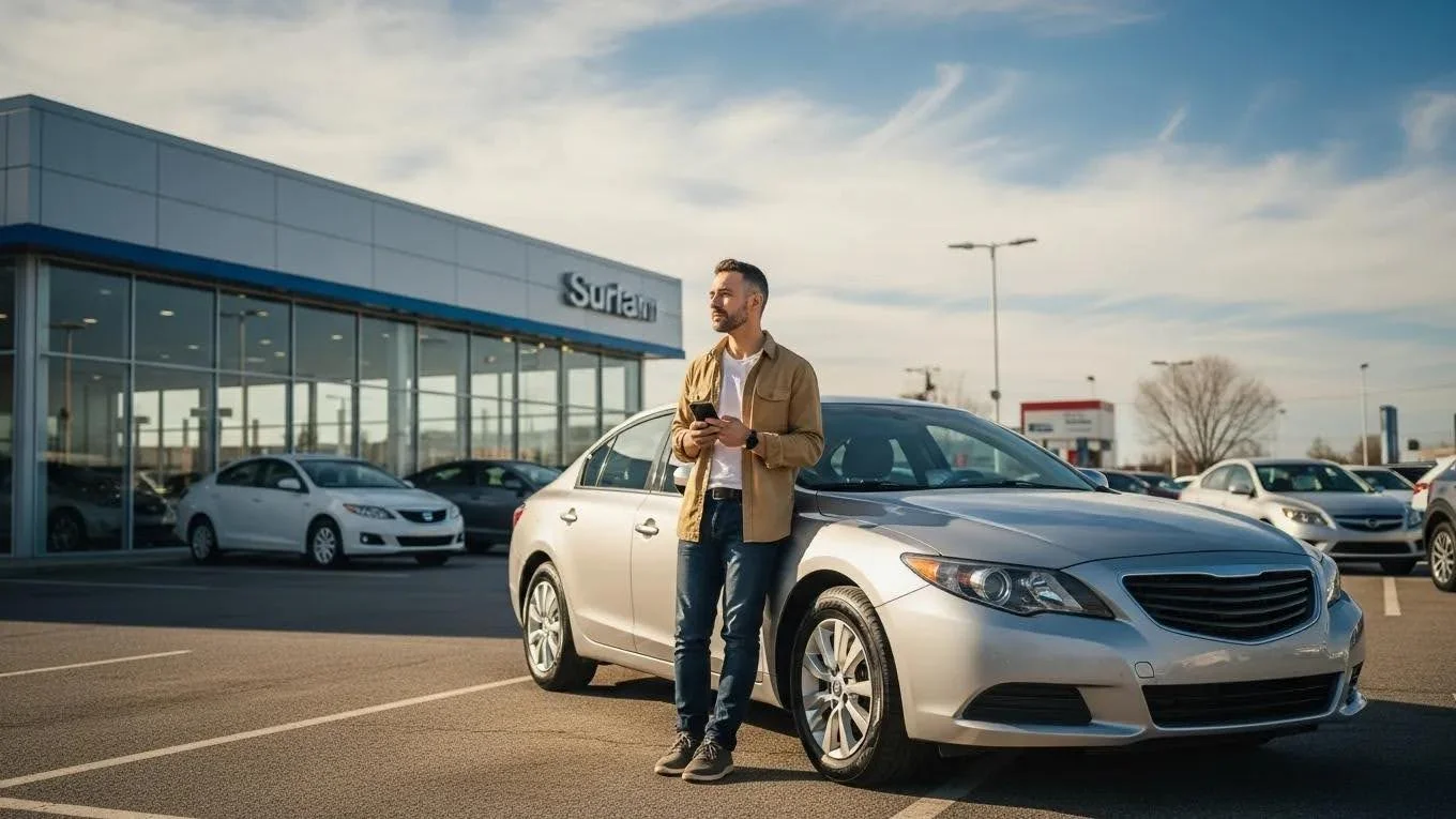Person contemplating car trade-in versus cash sale with dealership in background