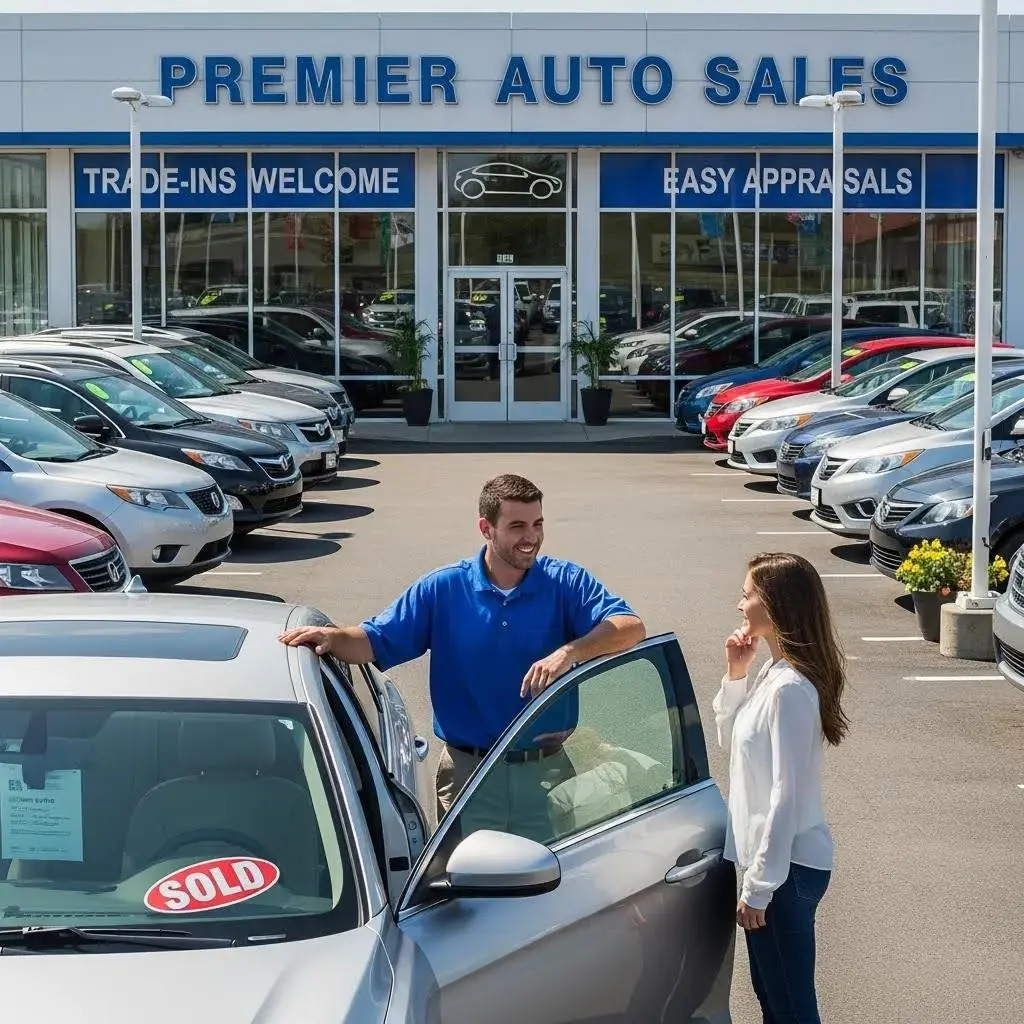 Car dealership with a salesperson assisting a customer