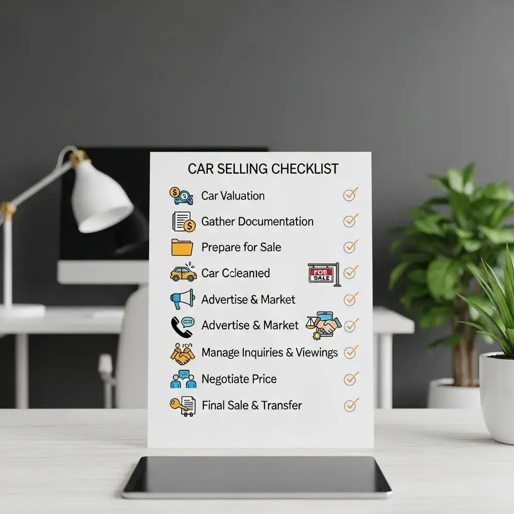 Checklist of car selling steps including valuation, documentation, and final sale in a modern workspace