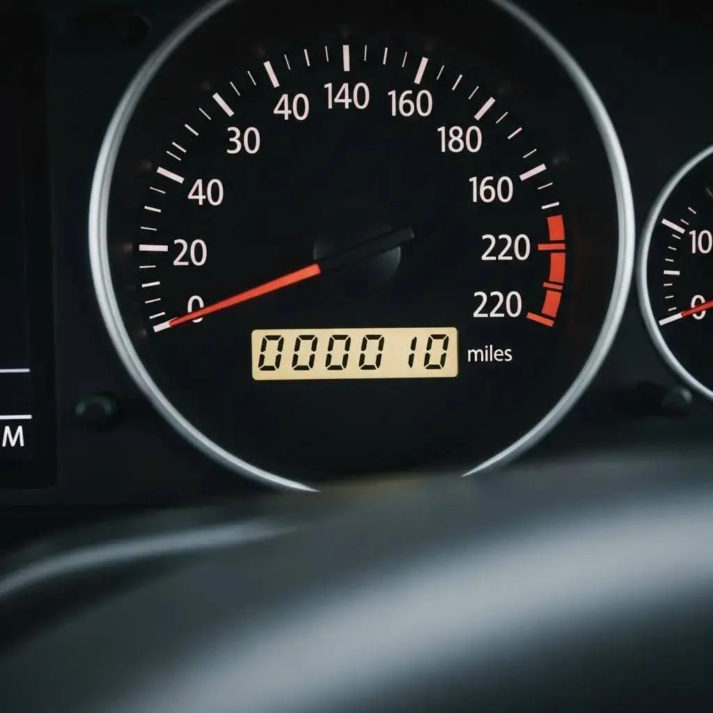 Close-up of a car's odometer indicating low mileage, highlighting its impact on valuation