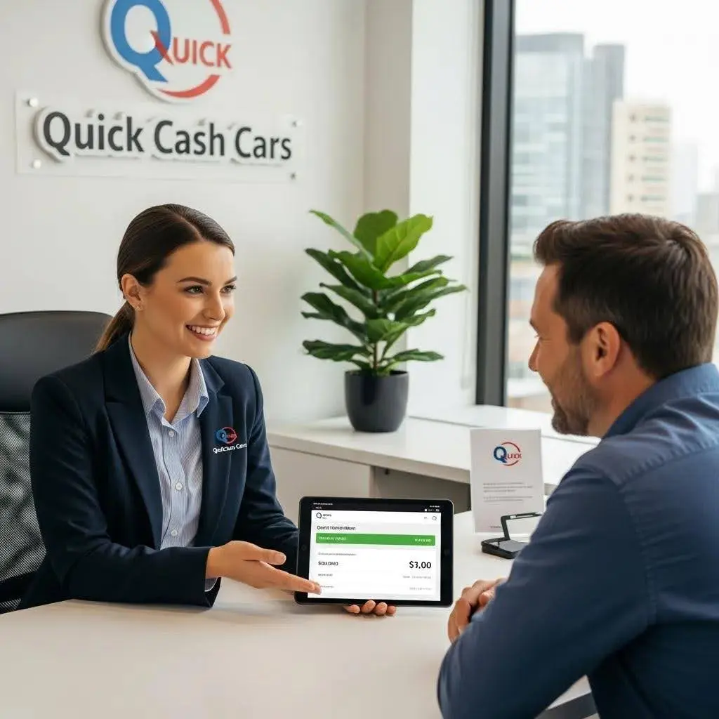 Customer service representative assisting a seller at Quick Cash Cars, facilitating a vehicle sale