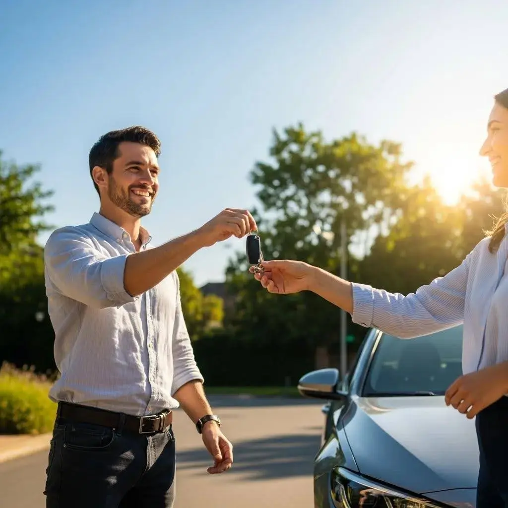 Happy car seller handing over keys in a sunny outdoor setting, representing a smooth car selling experience