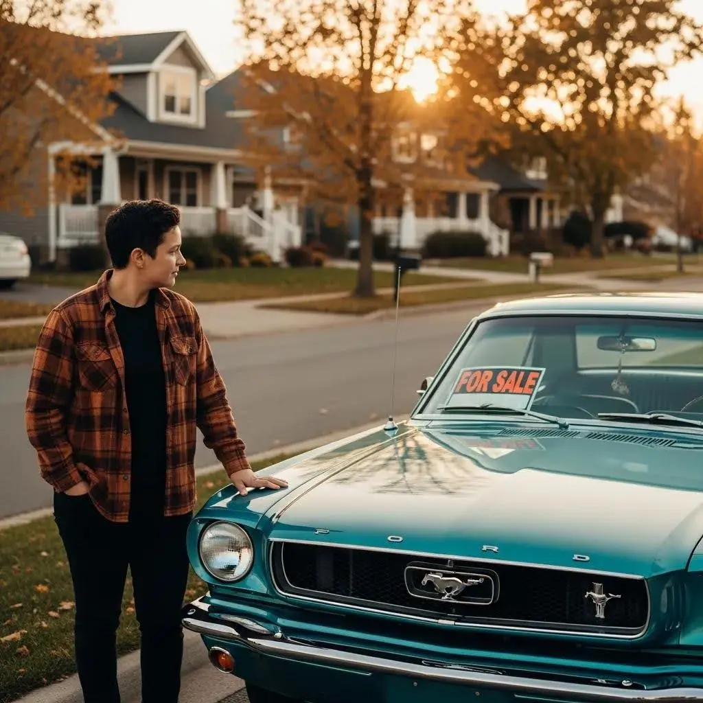 Person contemplating selling a car with outstanding finance in a cozy neighborhood