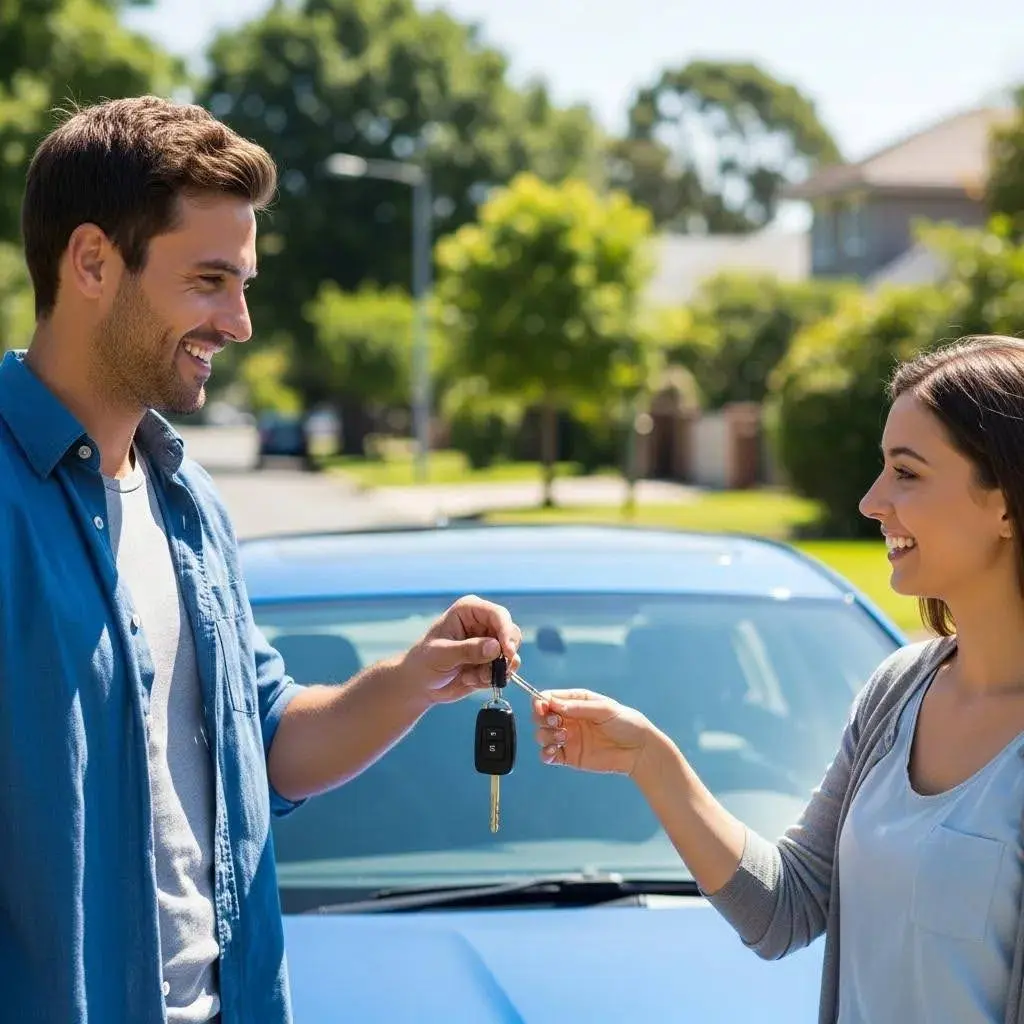 Person handing over car keys in a sunny setting, representing the ease of selling a used car
