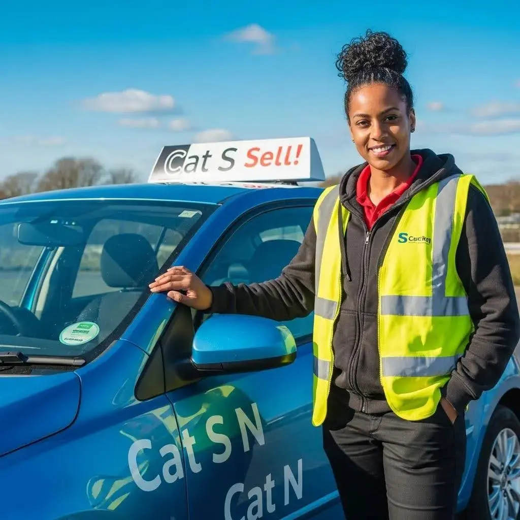 Person next to a Cat S or Cat N write-off car, ready to sell
