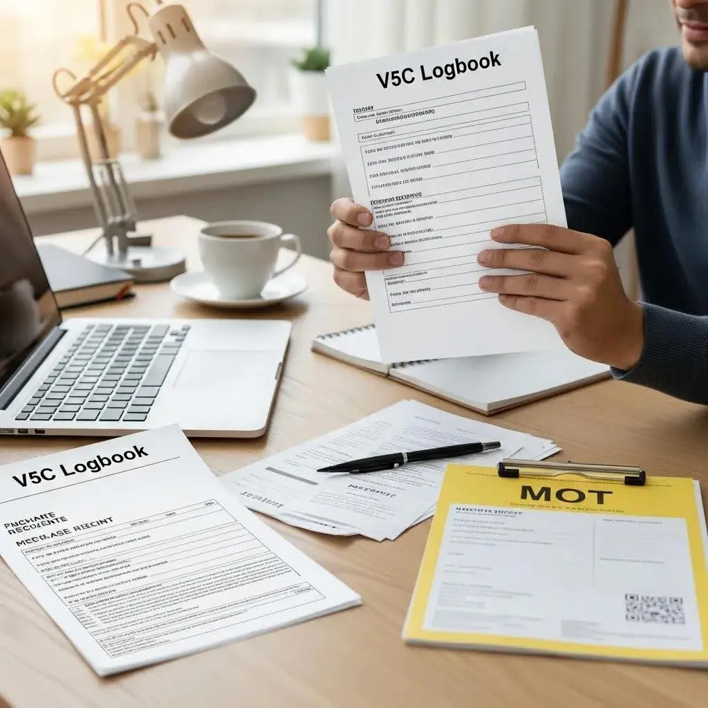 Person organizing essential documents for selling a car, including V5C logbook and MOT certificate