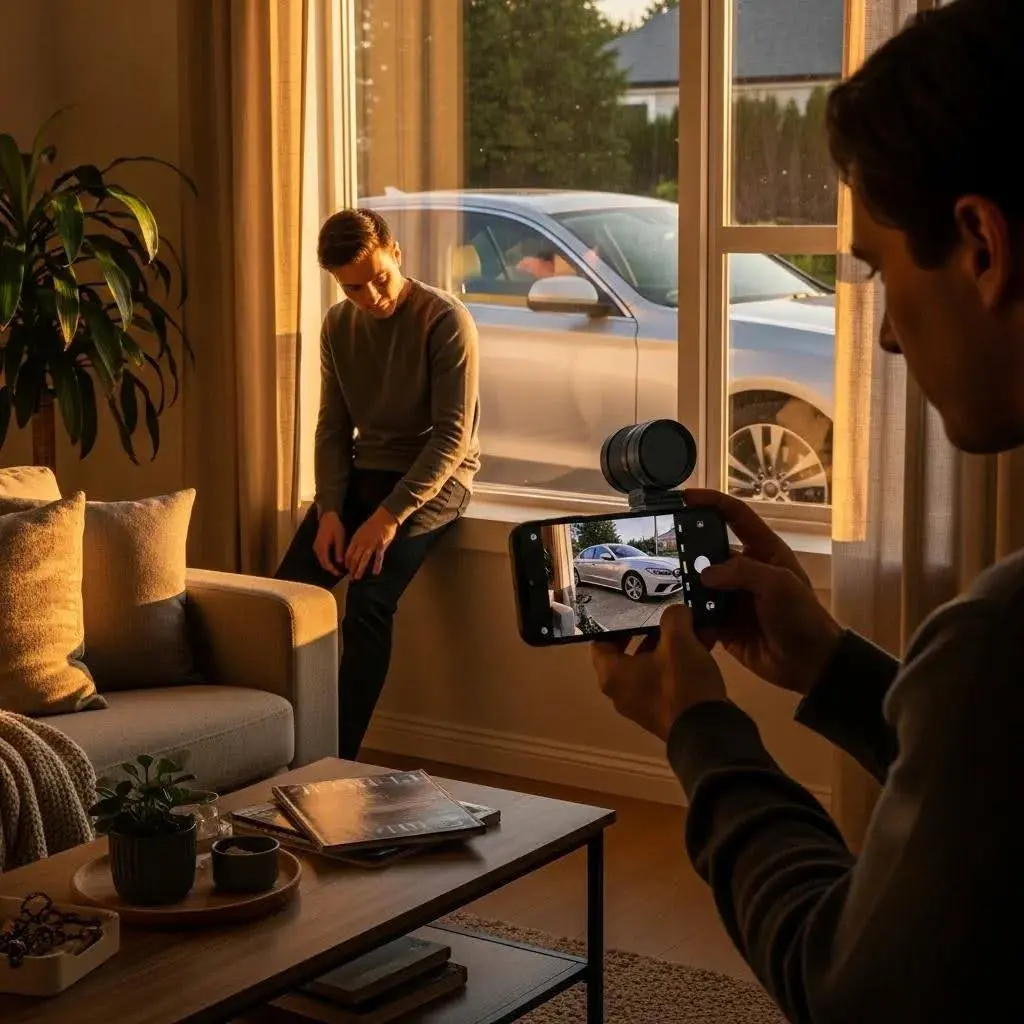 Person photographing their car for a private sale in a living room