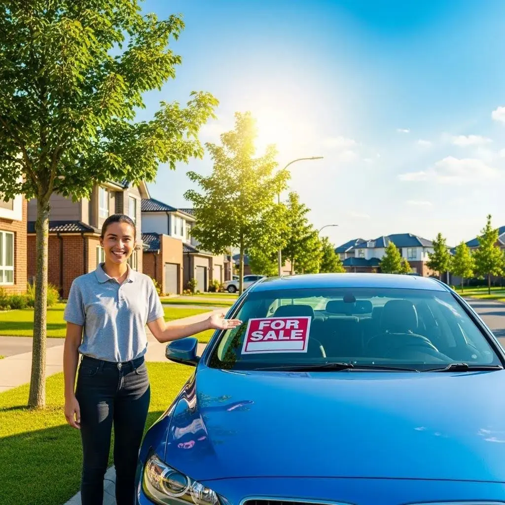 Person selling a car with a 'For Sale' sign in a sunny neighborhood