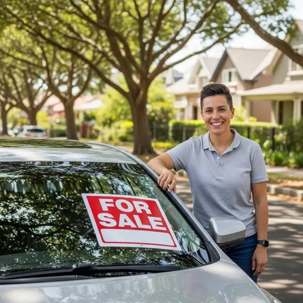 Person selling a car without a V5C logbook, standing next to a car with a 'For Sale' sign