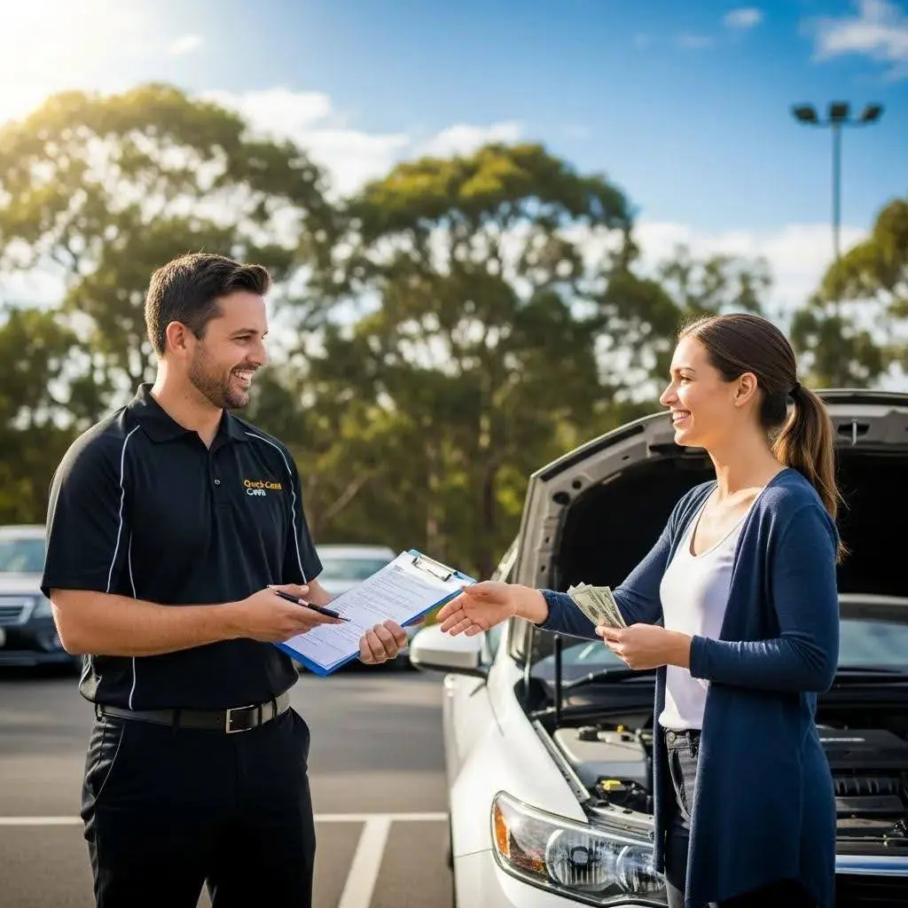 Quick Cash Cars representative assisting a seller in a smooth car sale process
