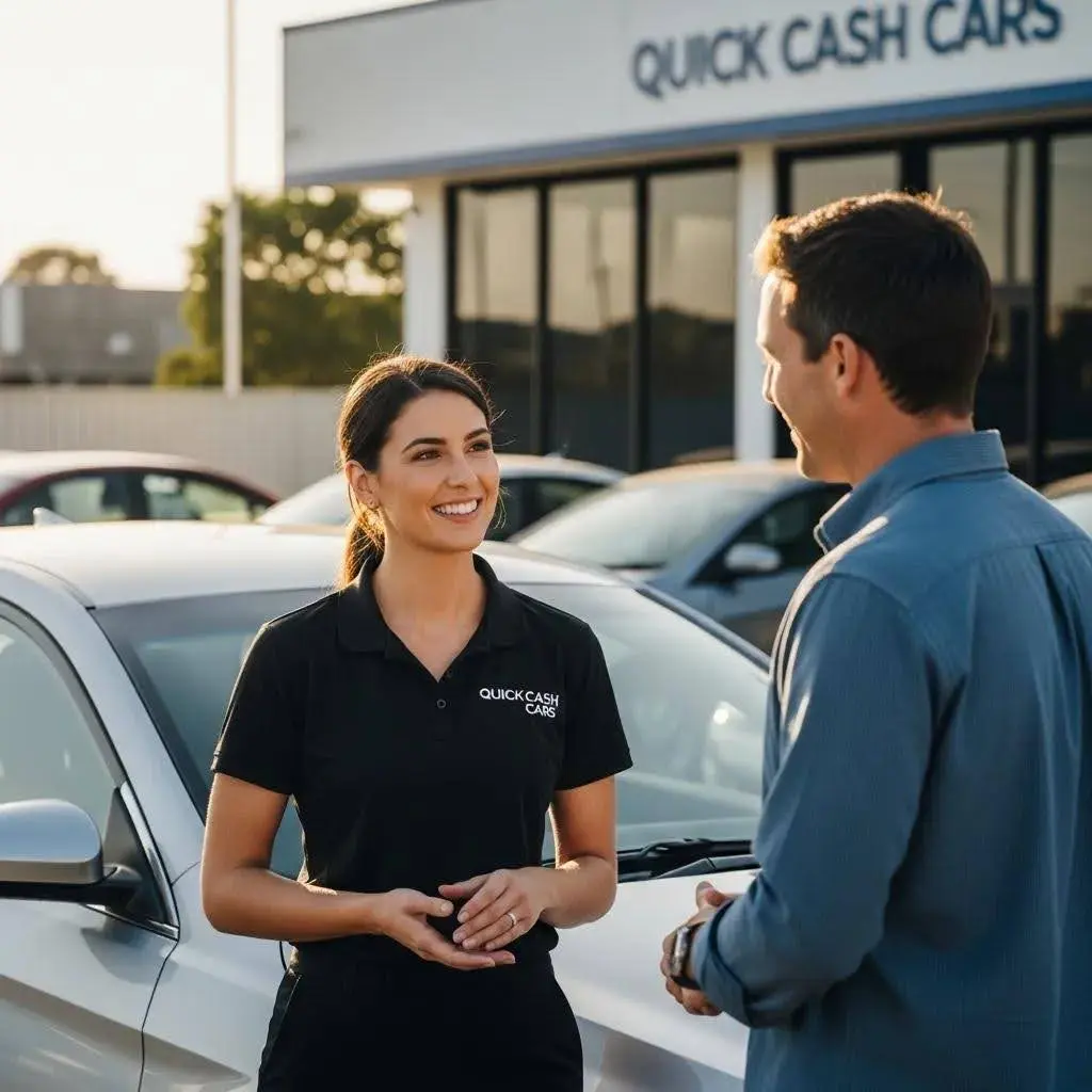 Quick Cash Cars representative explaining the vehicle buying process to a seller