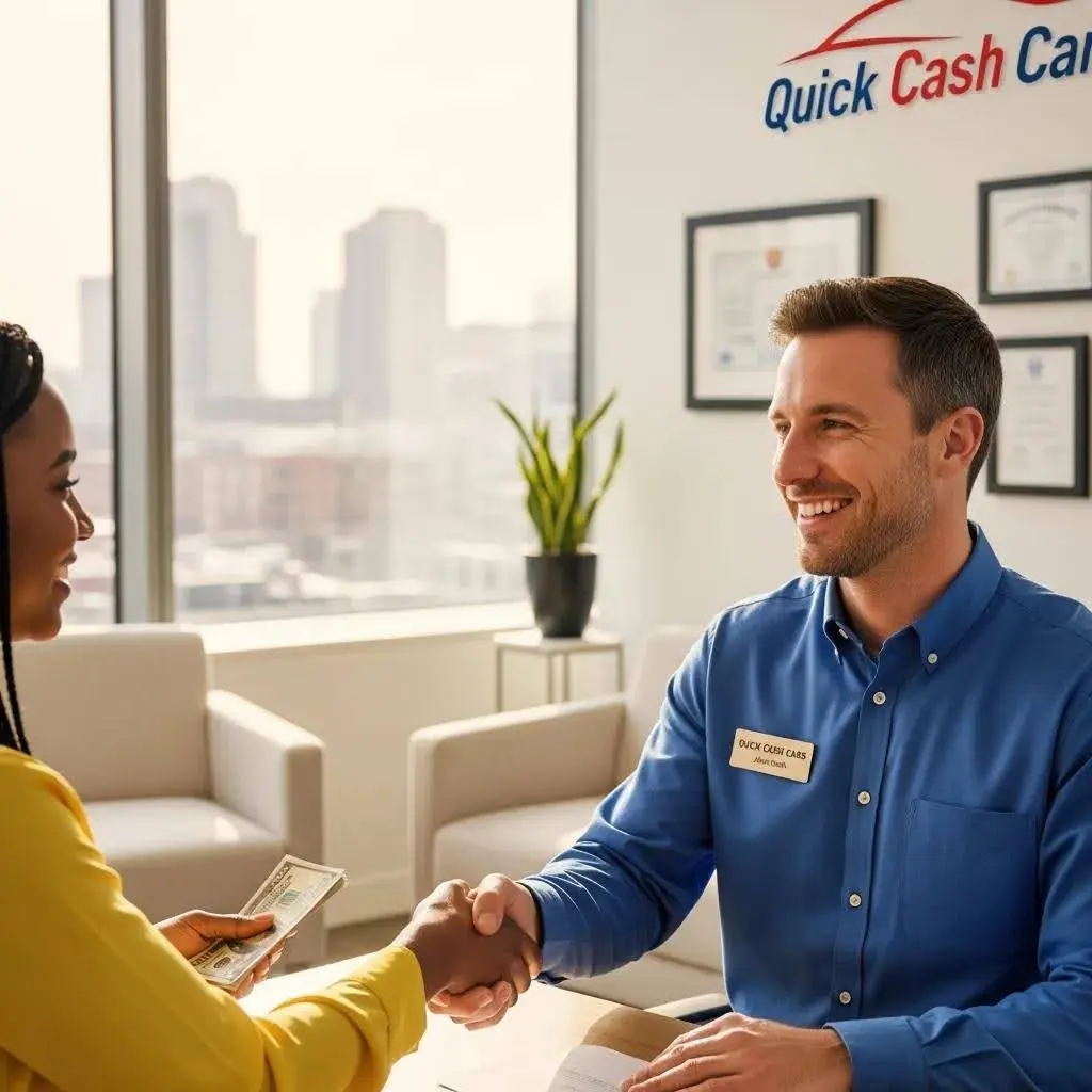 Quick Cash Cars representative shaking hands with a satisfied customer