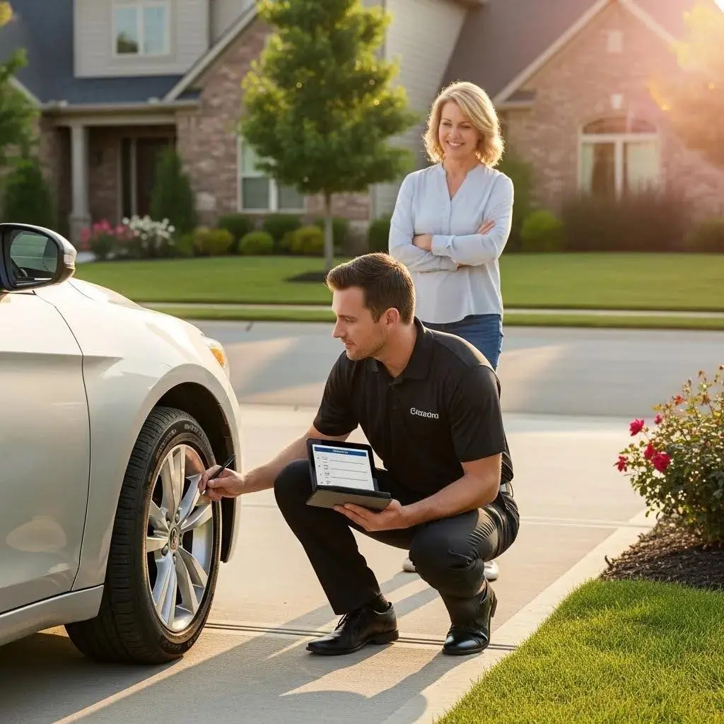 Representative inspecting a vehicle during the collection process for a car sale