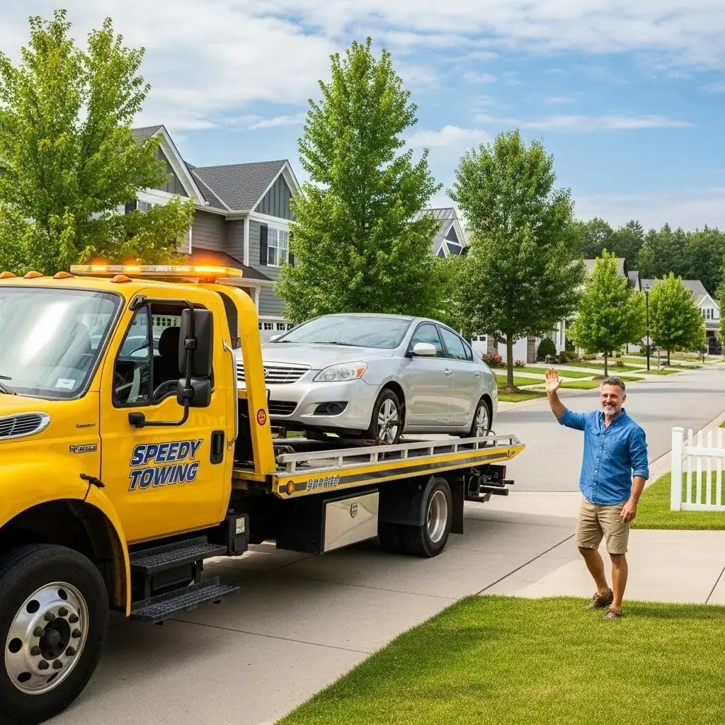 Tow truck collecting a car for free vehicle collection service, highlighting convenience for sellers