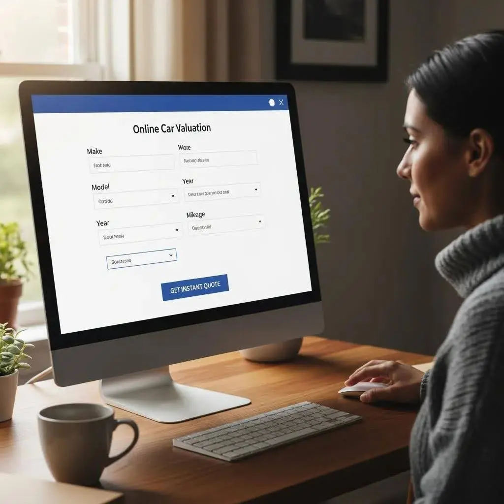 User filling out an online form for car valuation in a home office