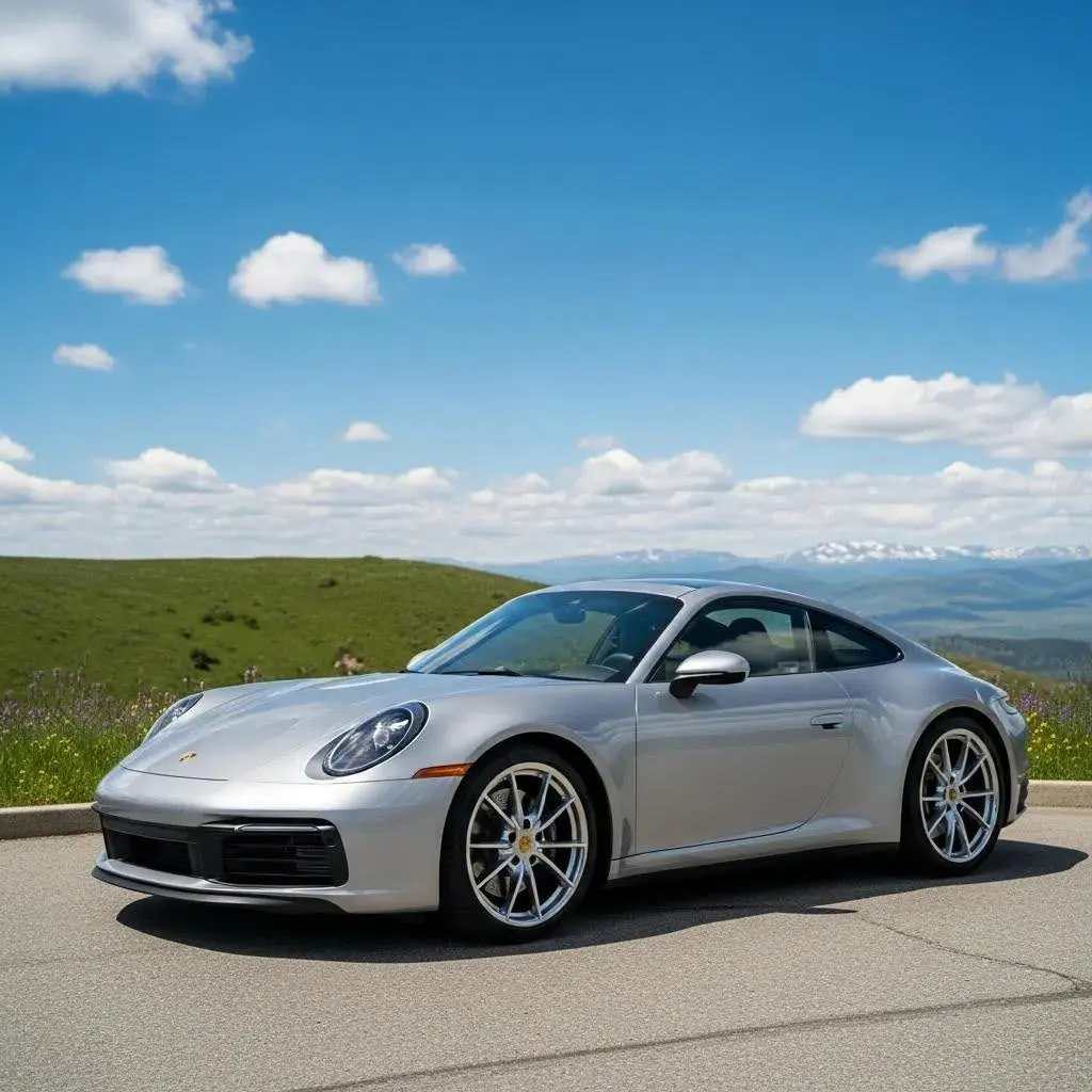 Well-maintained car in a scenic location representing car valuation factors